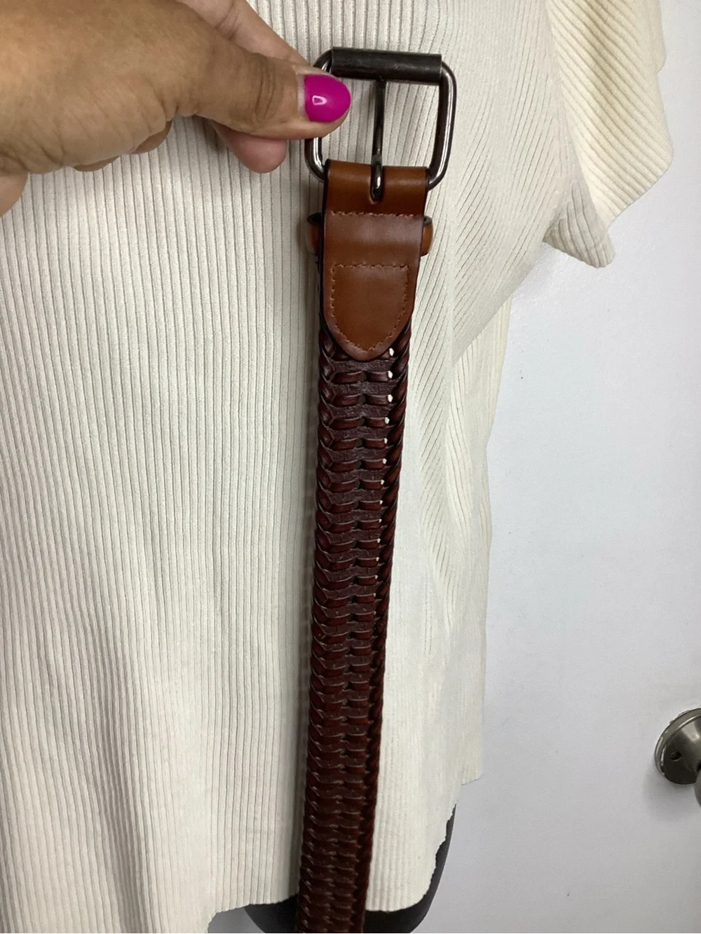 Braided Vegan Leather Belt in Brown with Silver Buckle
